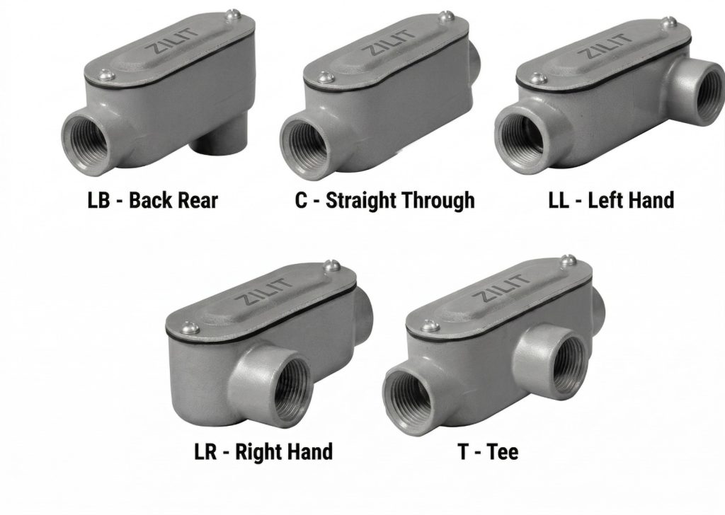 קופסאות זווית אלומיניום Conduit Bodies דגמי LB, LL, LR, C, T עם הברגות NPT